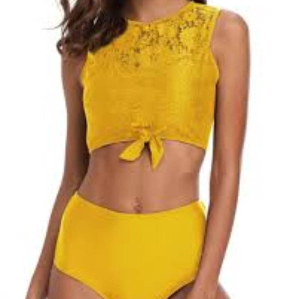Tempt Me 2 pc Lace High Neck Bow Knot Cutout swim